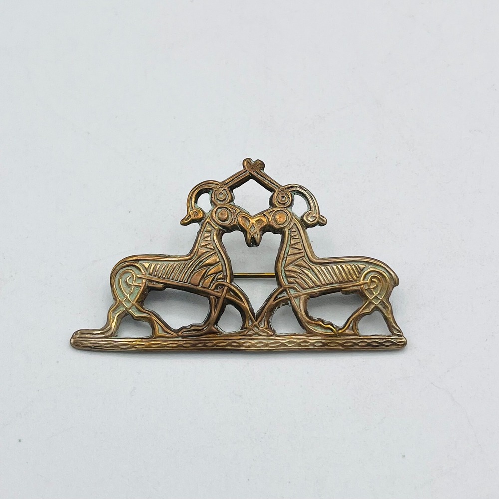 Vintage Bronze Celtic Viking Revival Rams Brooch Pin Etruscan Gold Double Ram